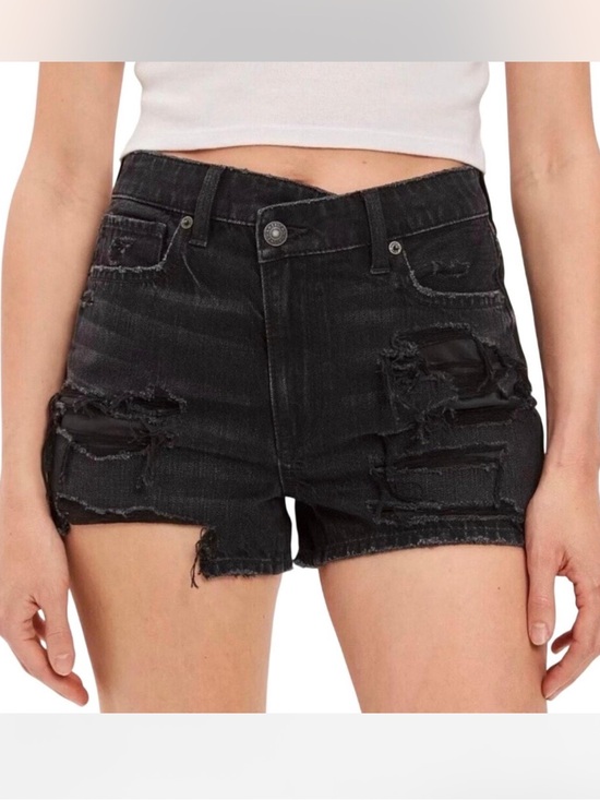 American Eagle Outfitters Pants - AMERICAN EAGLE Black High Rise Distressed Crossover Waist Denim Shorts Size 0